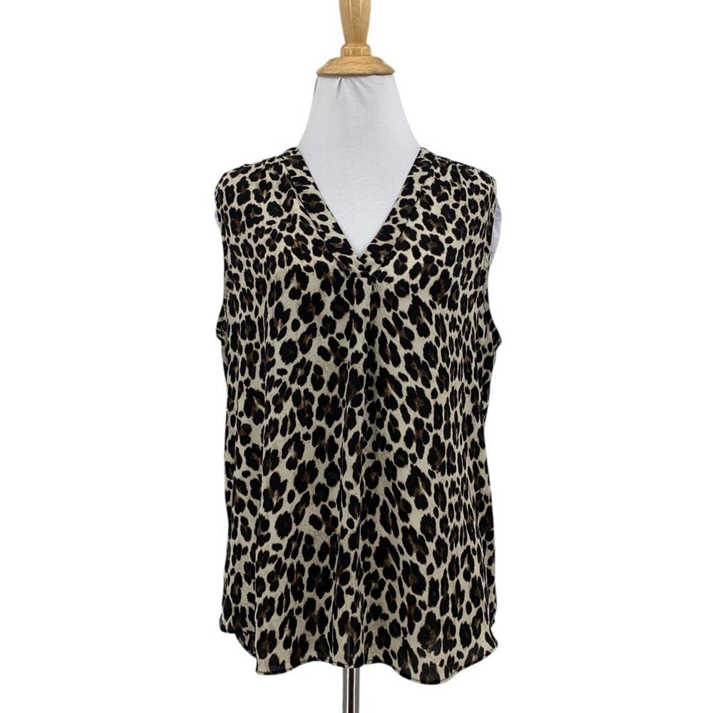 Vince Camuto Blouse Womens M Medium Leopard V Neck Animal Print Sleeveless Top